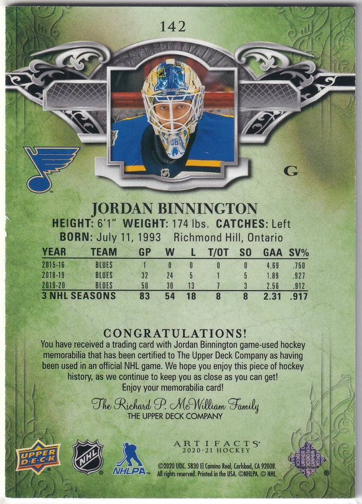 2020-21 UD Artifacts - Jordan Binnington - Material Gold /145 #142