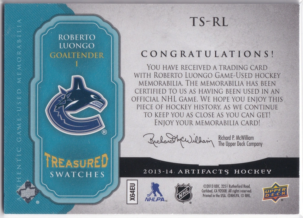 2013-14 UD Artifacts - Roberto Luongo - Treasured Swatches #TS-RL