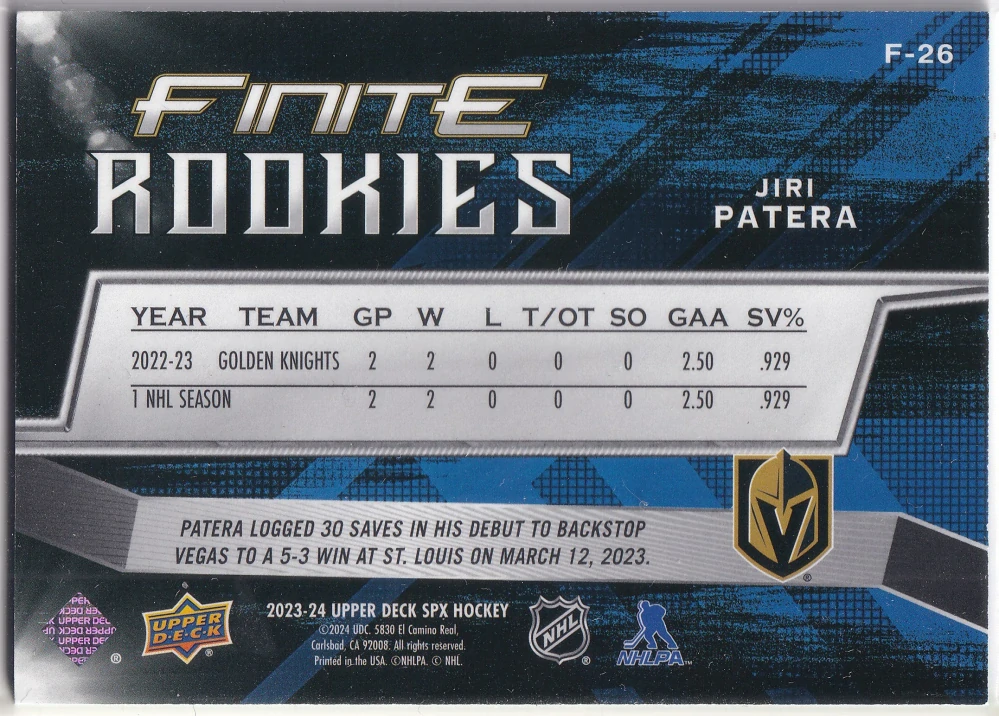 2023-24 UD SPx - Jiří Patera - Finite Rookies Green /199 #F-26