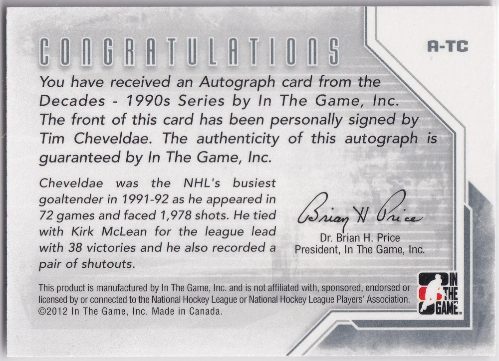 2013-14 ITG Decades 1990s - Tim Cheveldae - Autograph Silver #A-TC