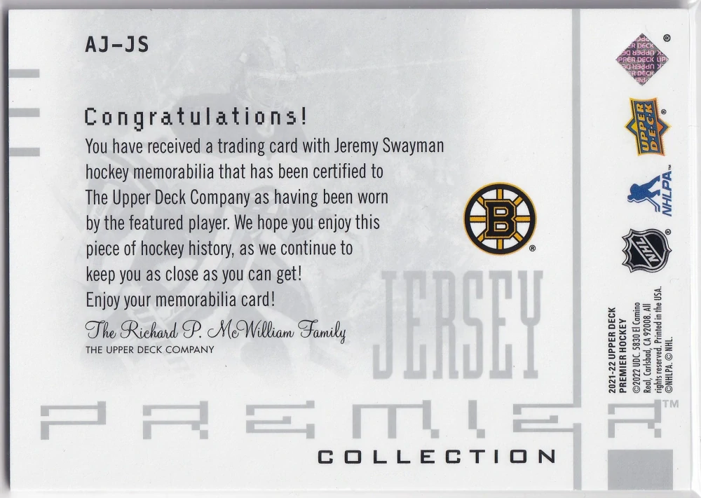 2021-22 UD Premier - Jeremy Swayman - 20th Anniversary Jersey /300 #AJ-JS