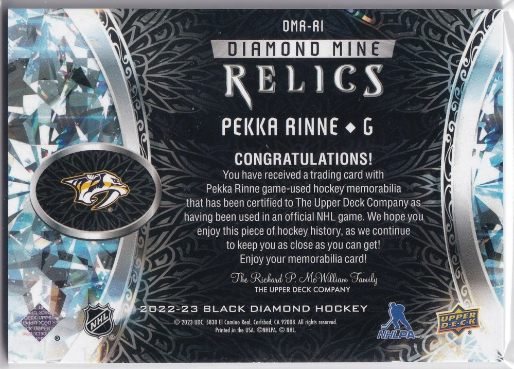 2022-23 UD Black Diamond - Pekka Rinne - Diamond Mine Relics #DMR-RI