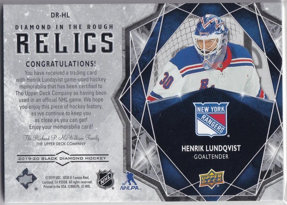 2019-20 UD Black Diamond - Henrik Lundqvist - Diamond in the Rough Relics #DR-HL