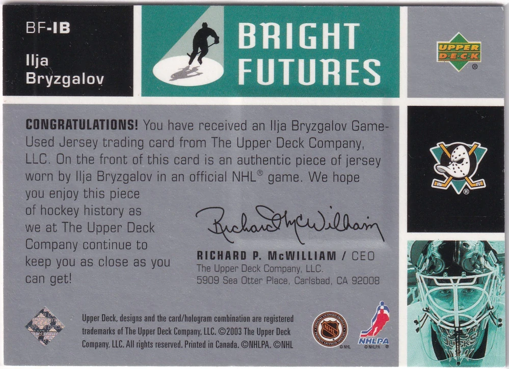 2002-03 UD Series 2 - Ilja Bryzgalov - Bright Futures #BF-IB
