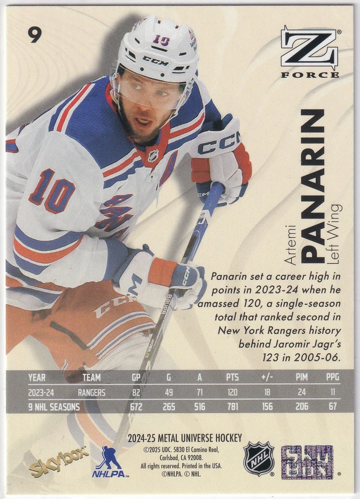 2024-25 UD Skybox Metal Universe - Artemi Panarin - Z-Force #9