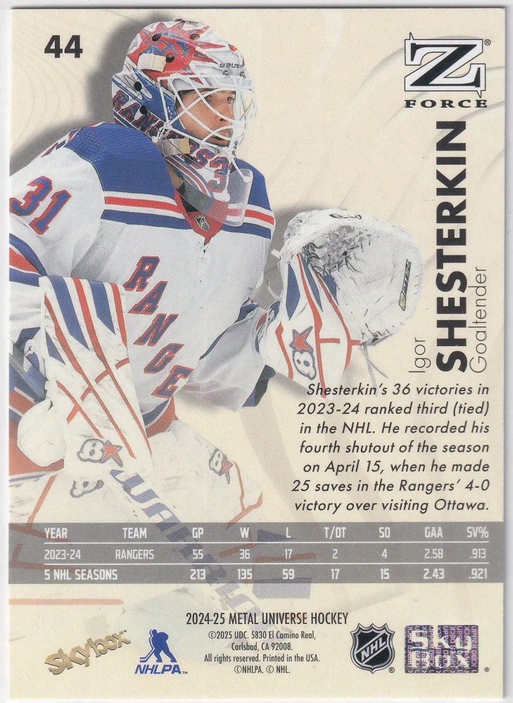 2024-25 UD Skybox Metal Universe - Igor Shesterkin - Z-Force #44