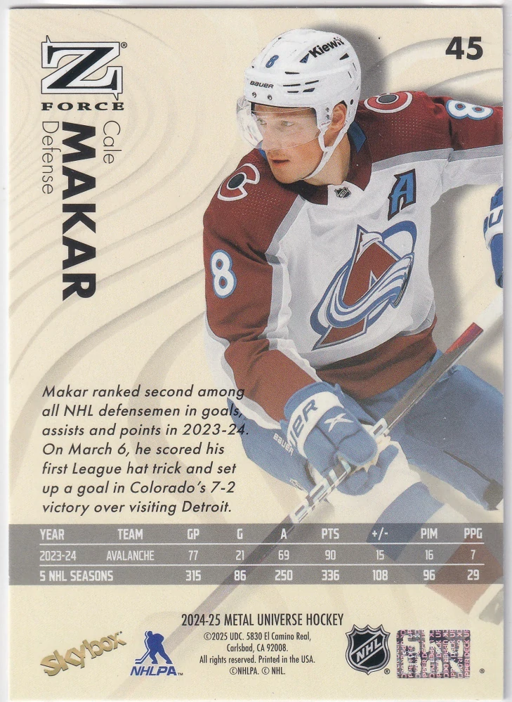 2024-25 UD Skybox Metal Universe - Cale Makar - Z-Force #45