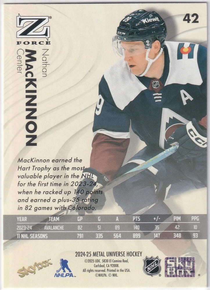 2024-25 UD Skybox Metal Universe - Nathan MacKinnon - Z-Force #42