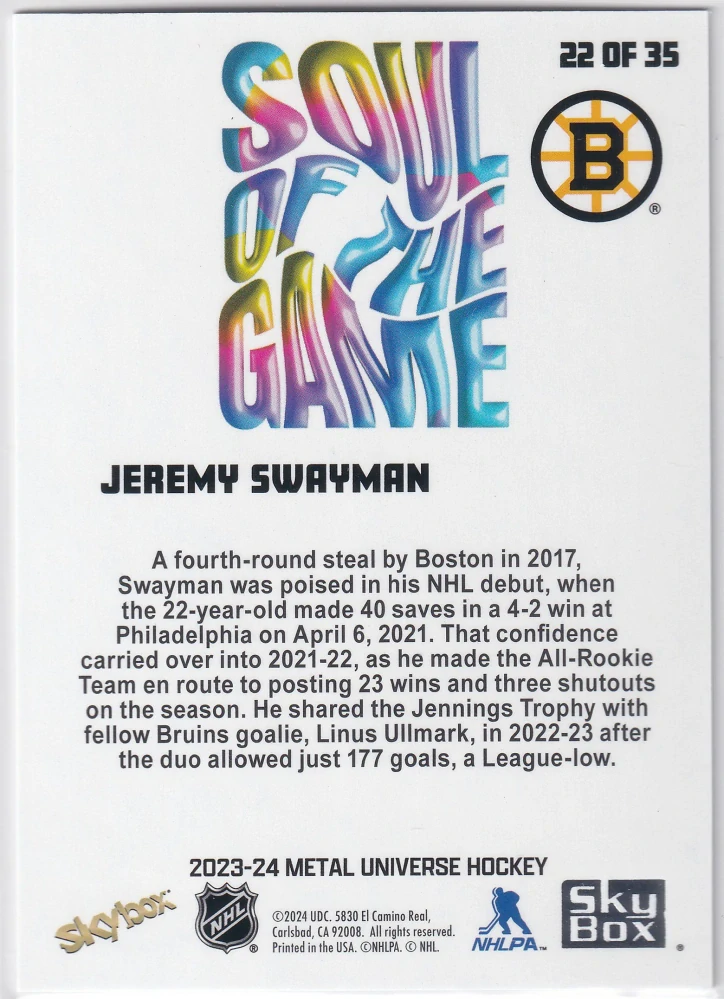 2023-24 UD Skybox Metal Universe - Jeremy Swayman - Soul Of The Game #22