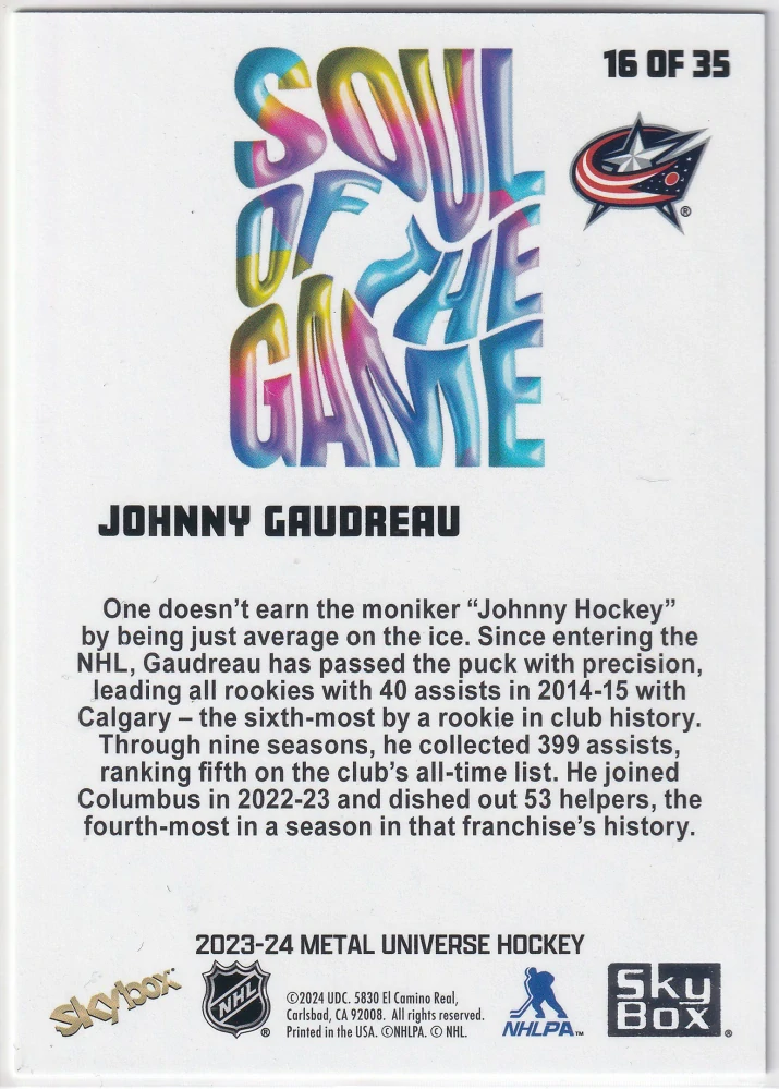 2023-24 UD Skybox Metal Universe - Johnny Gaudreau - Soul Of The Game #16