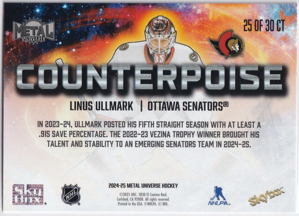 2024-25 UD Skybox Metal Universe - Linus Ullmark - Counterpoise #25