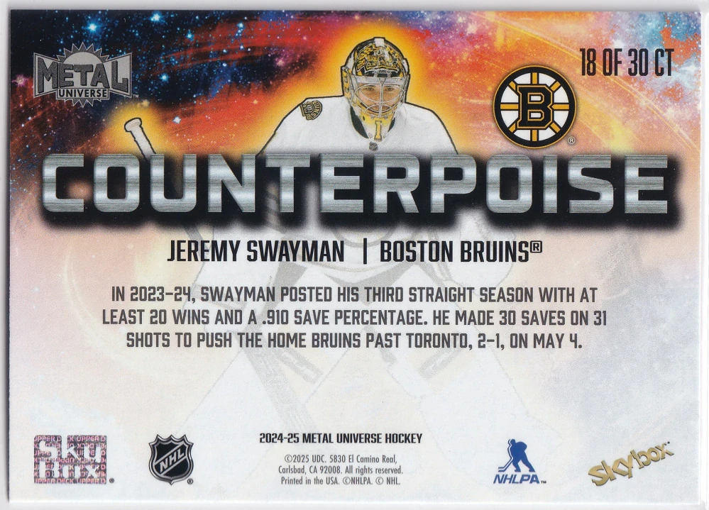 2024-25 UD Skybox Metal Universe - Jeremy Swayman - Counterpoise #18