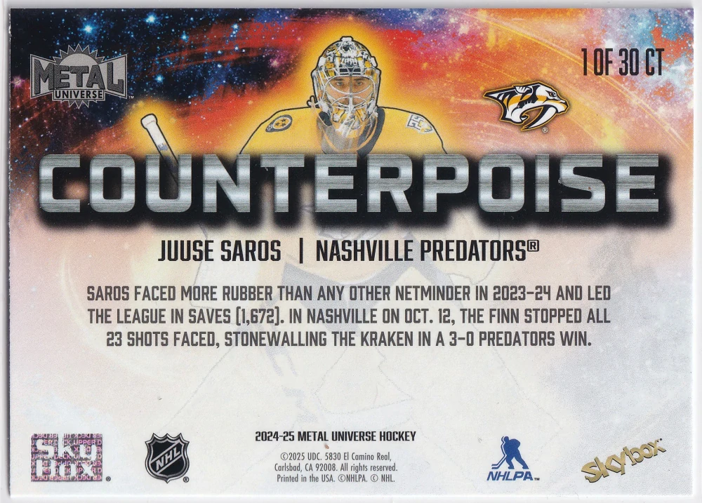2024-25 UD Skybox Metal Universe - Juuse Saros - Counterpoise #1