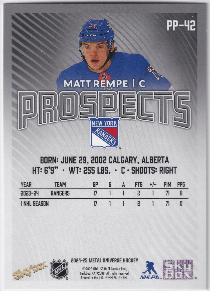 2024-25 UD Skybox Metal Universe - Matt Rempe - Prospects #PP-42