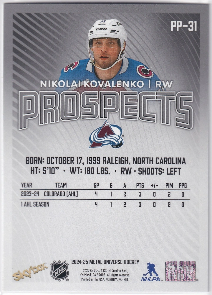 2024-25 UD Skybox Metal Universe - Nikolai Kovalenko - Prospects #PP-31
