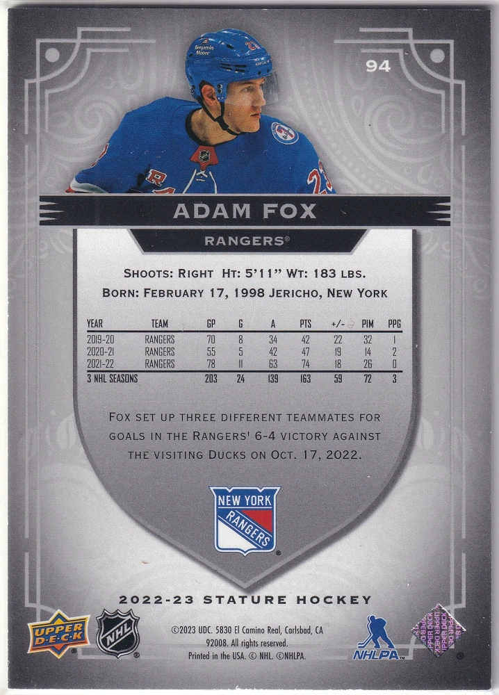 2022-23 UD Stature - Adam Fox #94