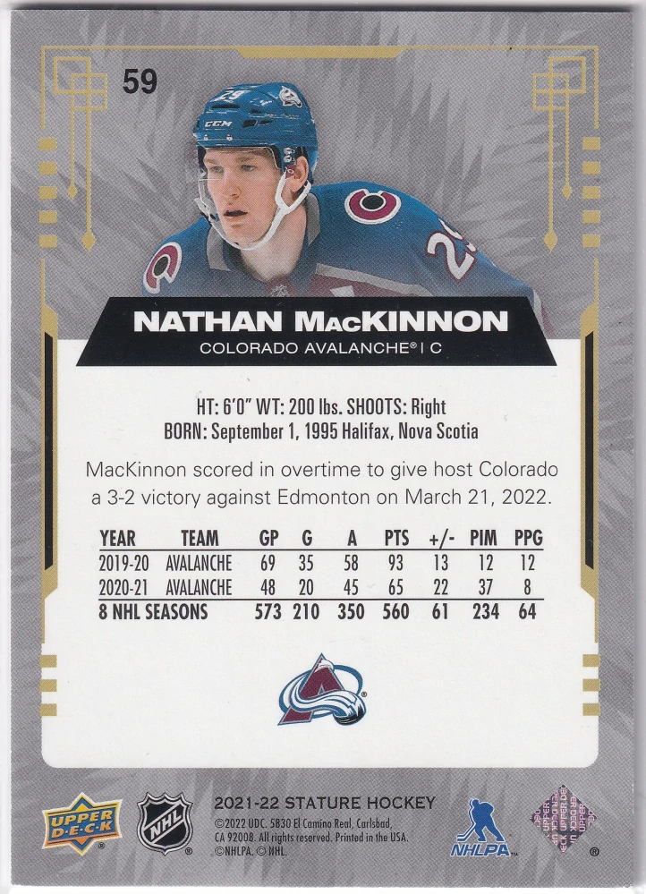 2021-22 UD Stature - Nathan MacKinnon #59