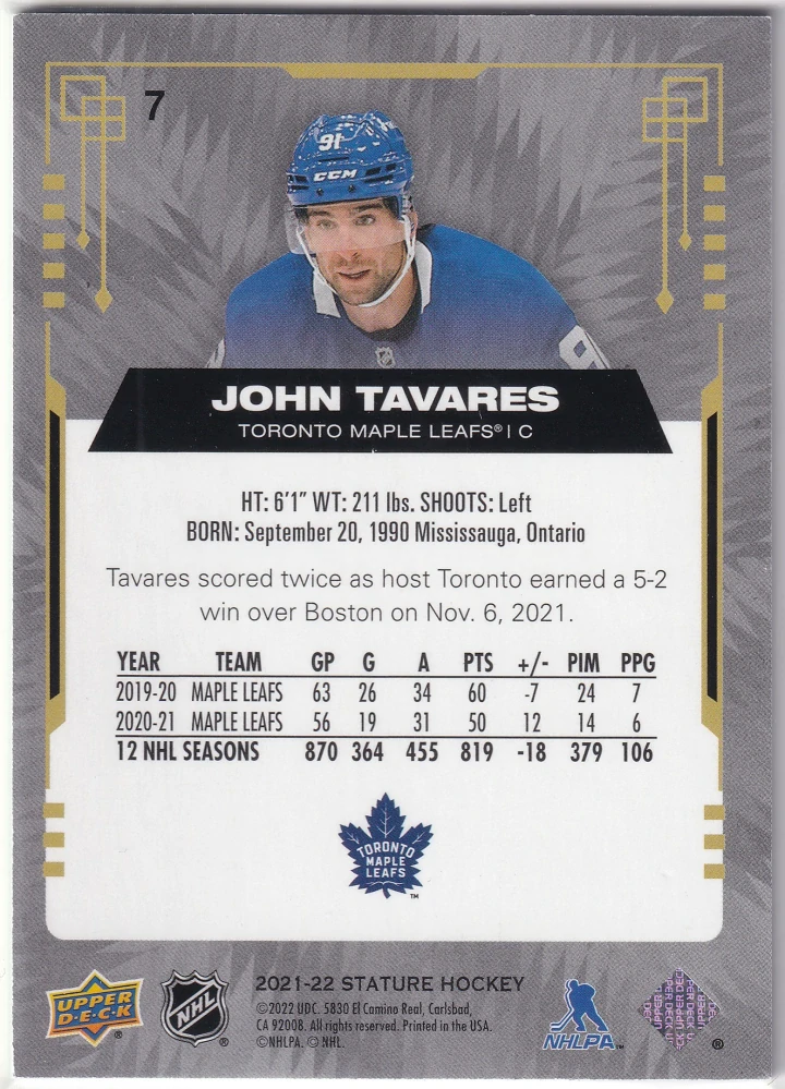 2021-22 UD Stature - John Tavares #7