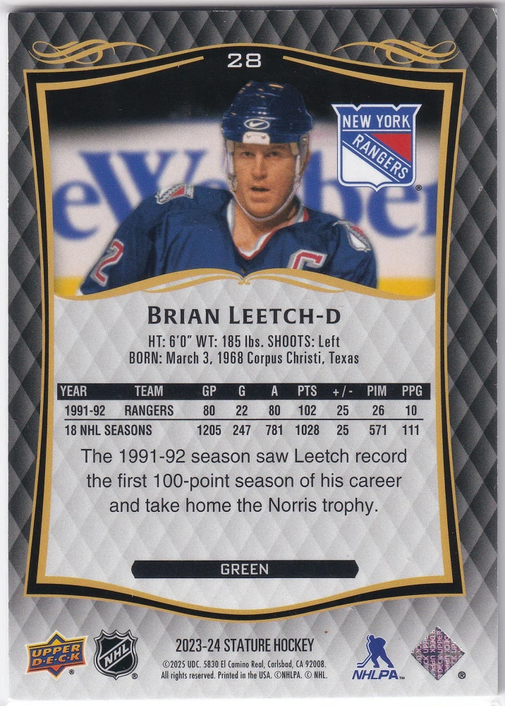 2023-24 UD Stature - Brian Leetch - Green /375 #28