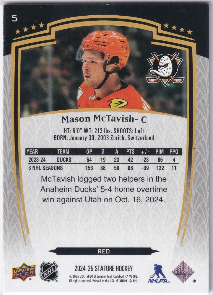 2024-25 UD Stature - Mason McTavish - Red /249 #5