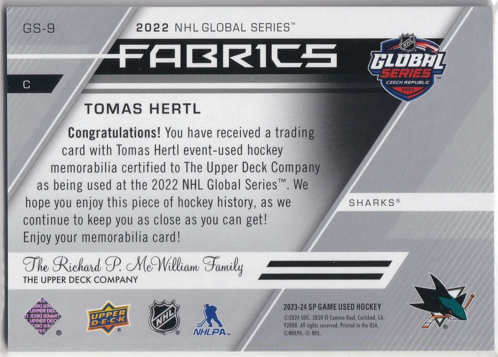 2023-24 UD SP Game Used - Tomáš Hertl - Fabrics - 2022 NHL Global Series #GS-9