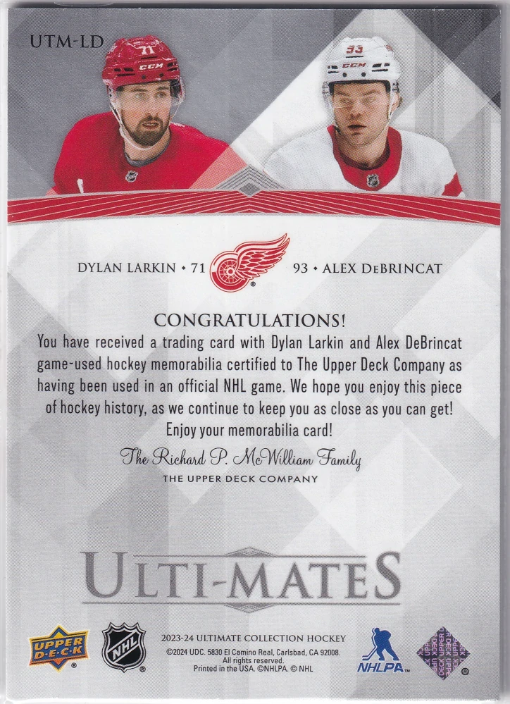 2023-24 UD Ultimate Collection - Dylan Larkin, Alex DeBrincat - Ulti-Mates #UTM-LD