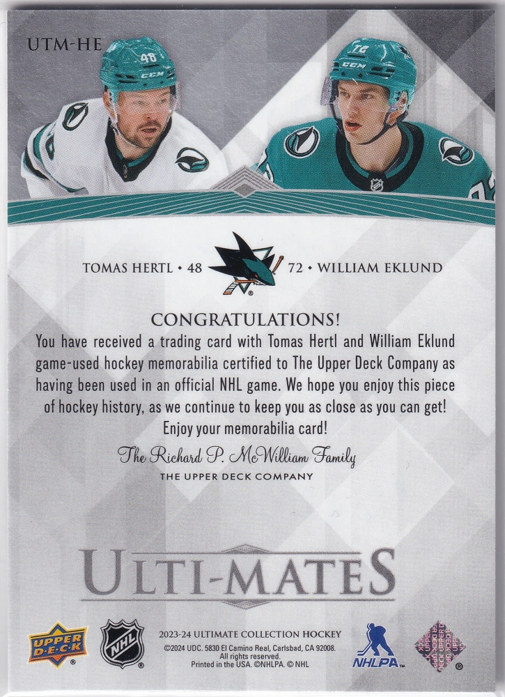 2023-24 UD Ultimate Collection - Tomáš Hertl, William Eklund - Ulti-Mates #UTM-HE
