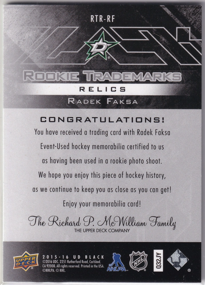 2015-16 UD Black - Radek Faksa - Rookie Trademarks Relics #RTR-RF
