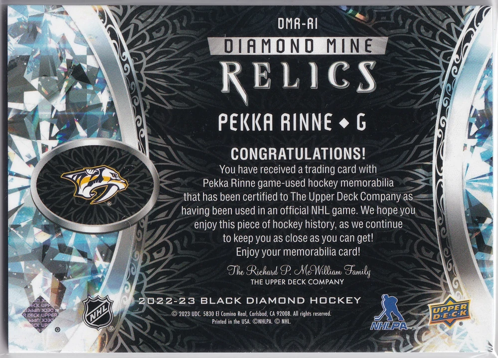 2022-23 UD Black Diamond - Pekka Rinne - Diamond Mine Relics #DMR-RI
