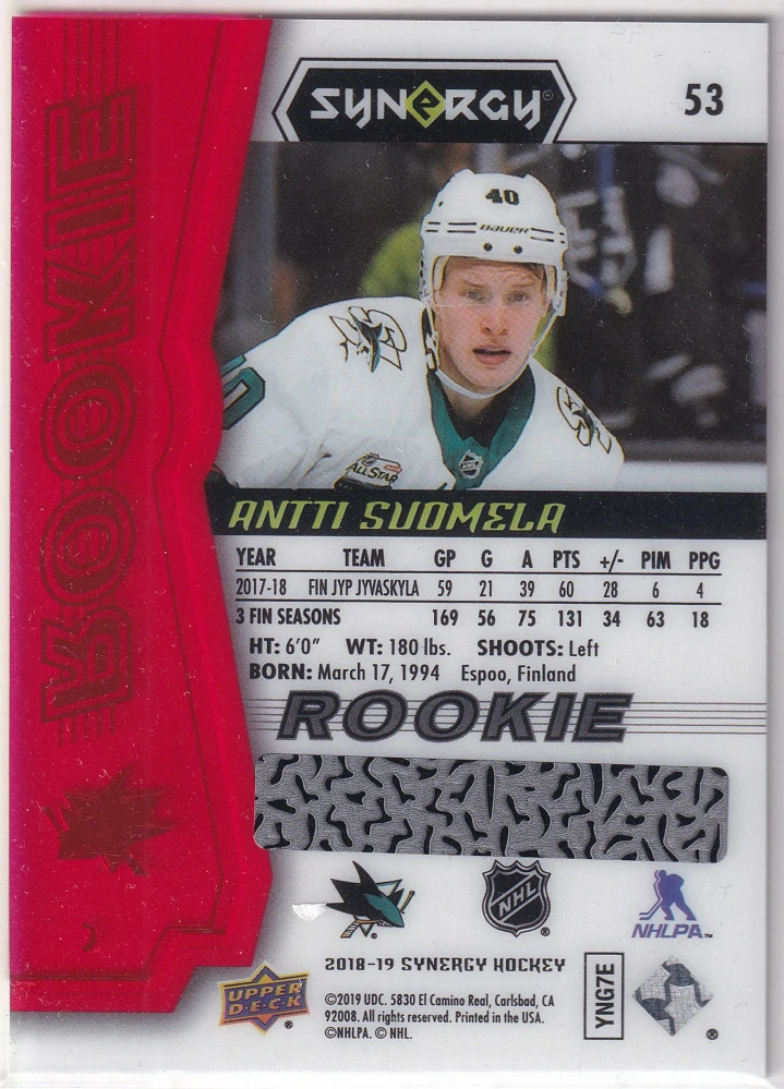2018-19 UD Synergy - Antti Suomela - Rookie #53