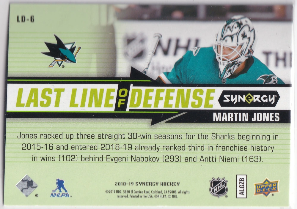2018-19 UD Synergy - Martin Jones - Las Line Of Defense Green /199 #LD-6