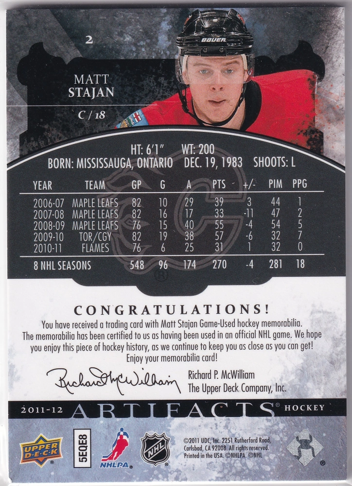 2011-12 UD Artifacts - Matt Stajan - Gold Spectrum Patch/Patch /15 #2