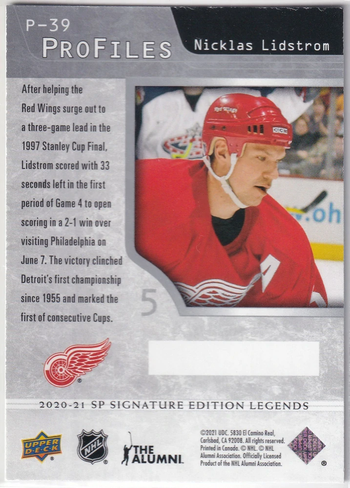 2020-21 UD SP Signature Edition Legends - Nicklas Lidstrom - Profiles #P-39