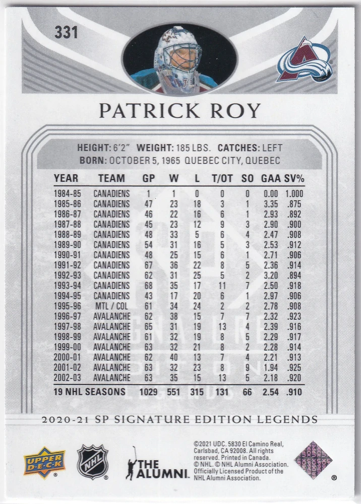 2020-21 UD SP Signature Edition Legends - Patrick Roy #331