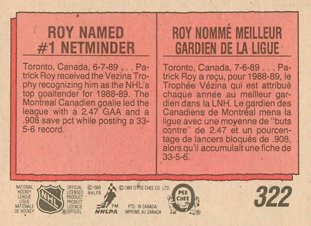 1989-90 O-Pee-Chee - Patrick Roy - Vezina Trophy #322