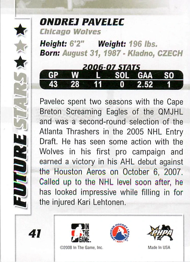 2007-08 ITG Between the Pipes - Ondřej Pavelec - Future Stars #41