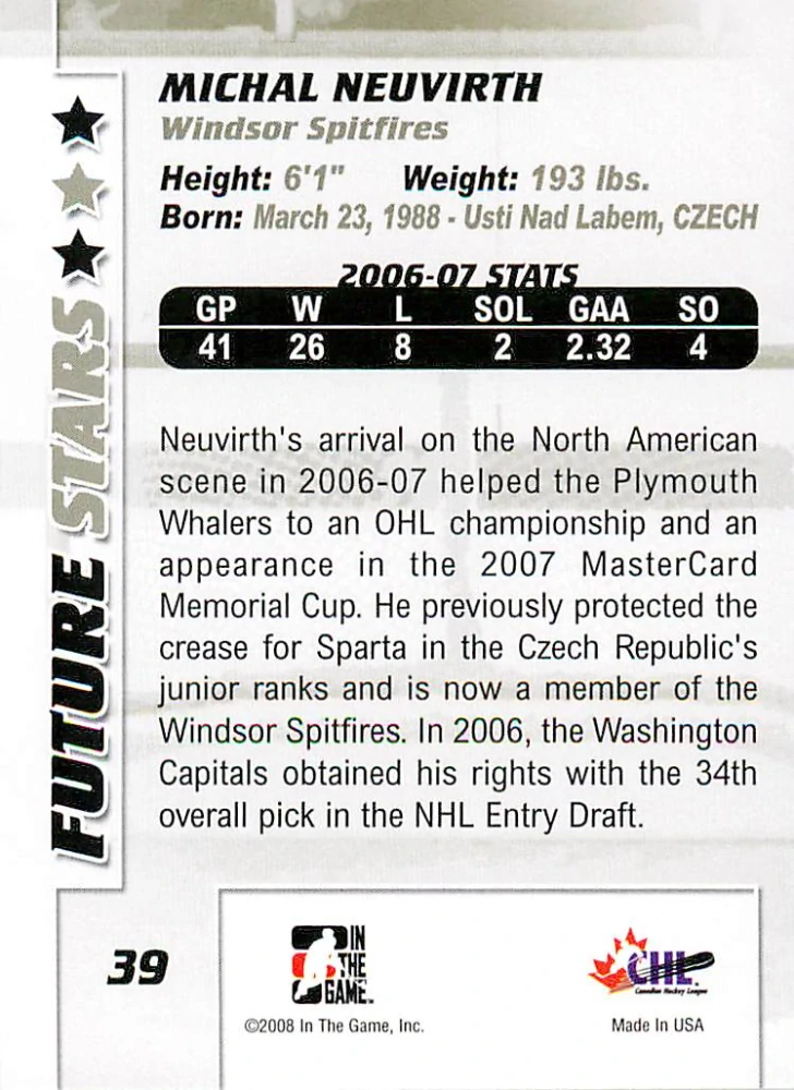 2007-08 ITG Between the Pipes - Michal Neuvirth - Future Stars #39