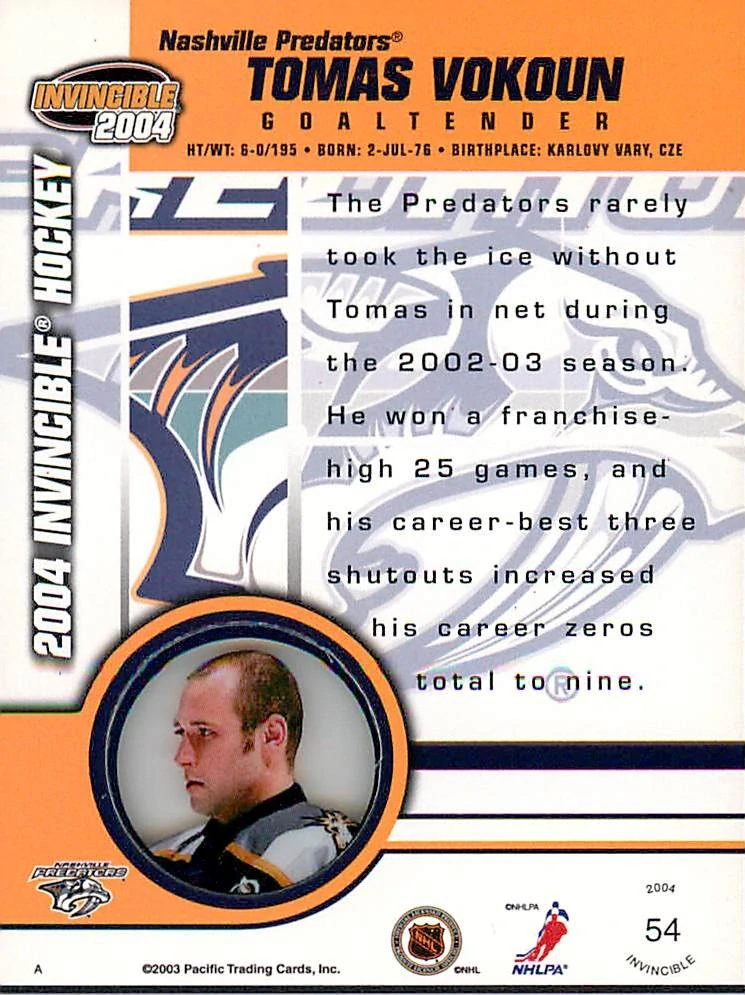 2003-04 Pacific Invincible - Tomáš Vokoun #54