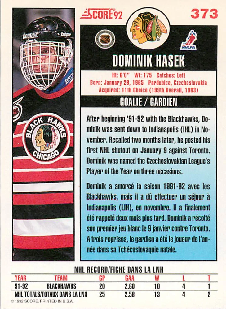 1992-93 Score Canadian - Dominik Hašek #373