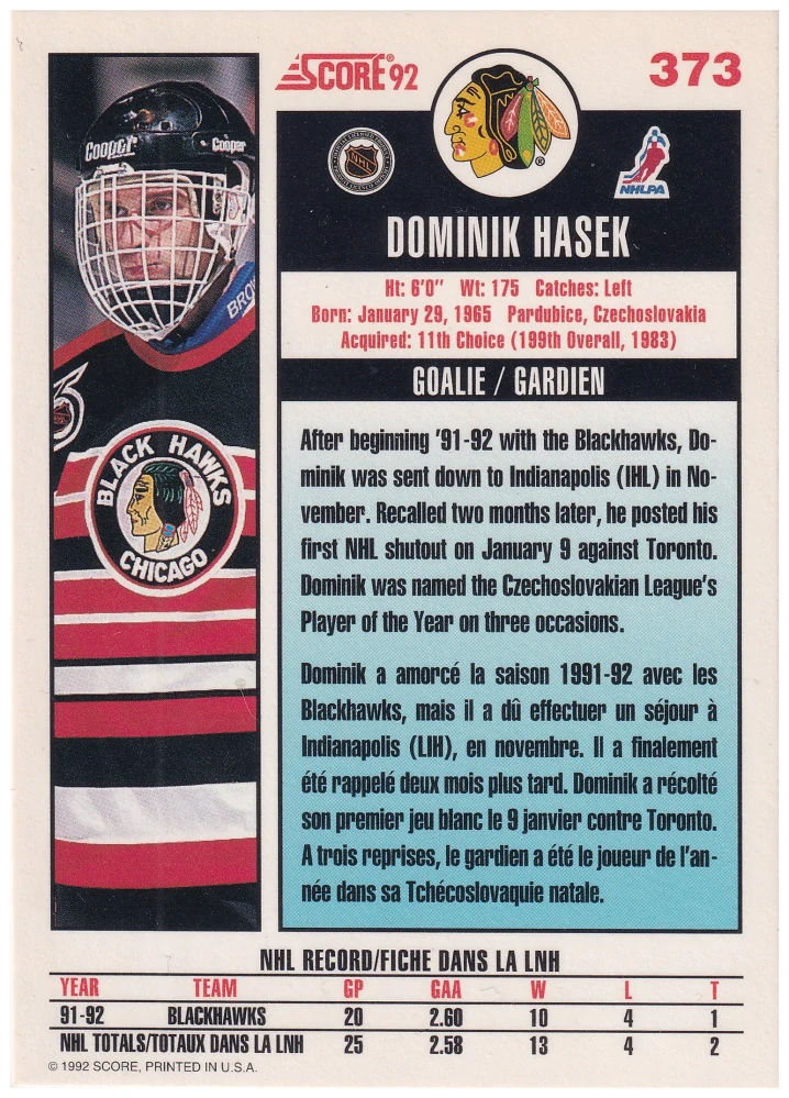 1992-93 Score Canadian - Dominik Hašek #373