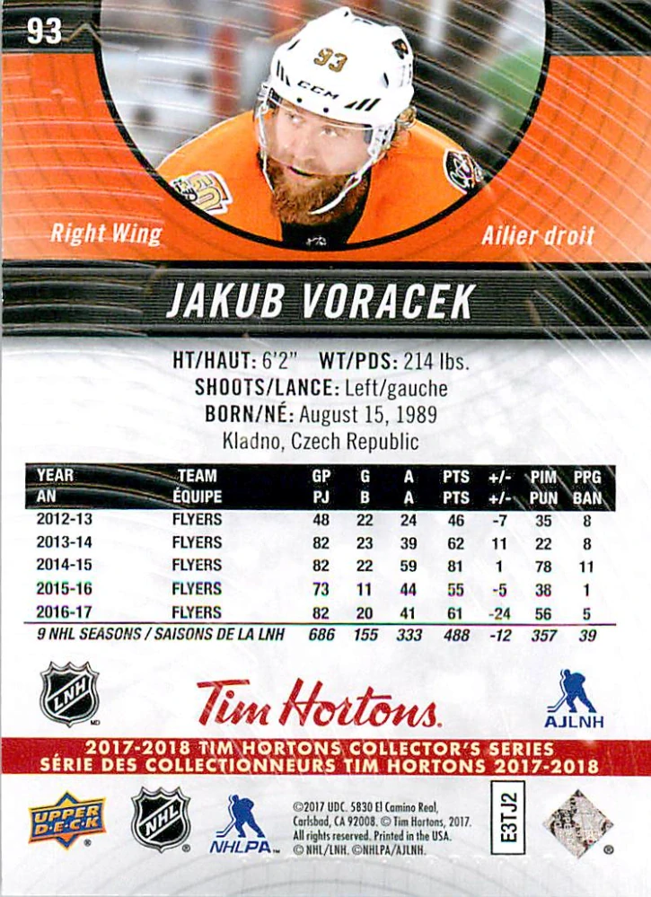 2017-18 UD Tim Hortons Collector's Series - Jakub Voráček #93
