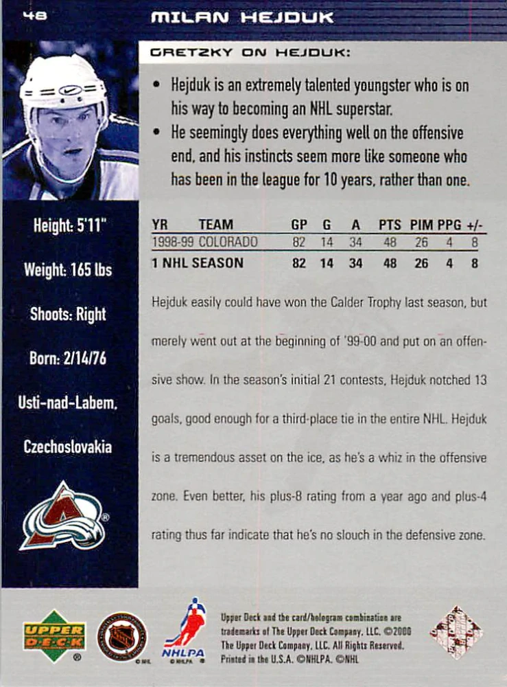 1999-00 UD Wayne Gretzky Hockey - Milan Hejduk #48