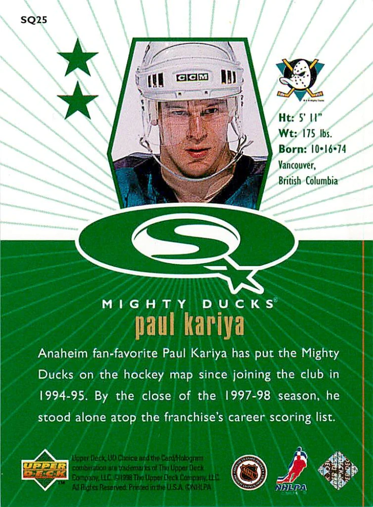 1998-99 UD Choice - Paul Kariya - Starquest Green #SQ25