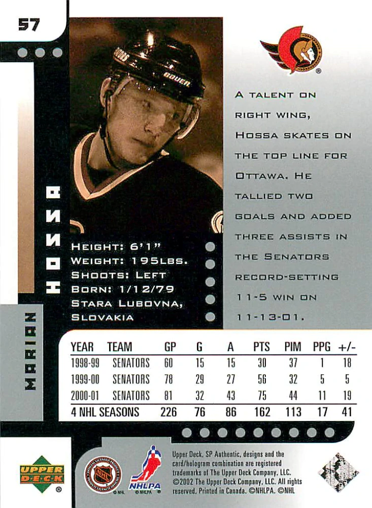 2001-02 UD SP Authentic - Marián Hossa #57