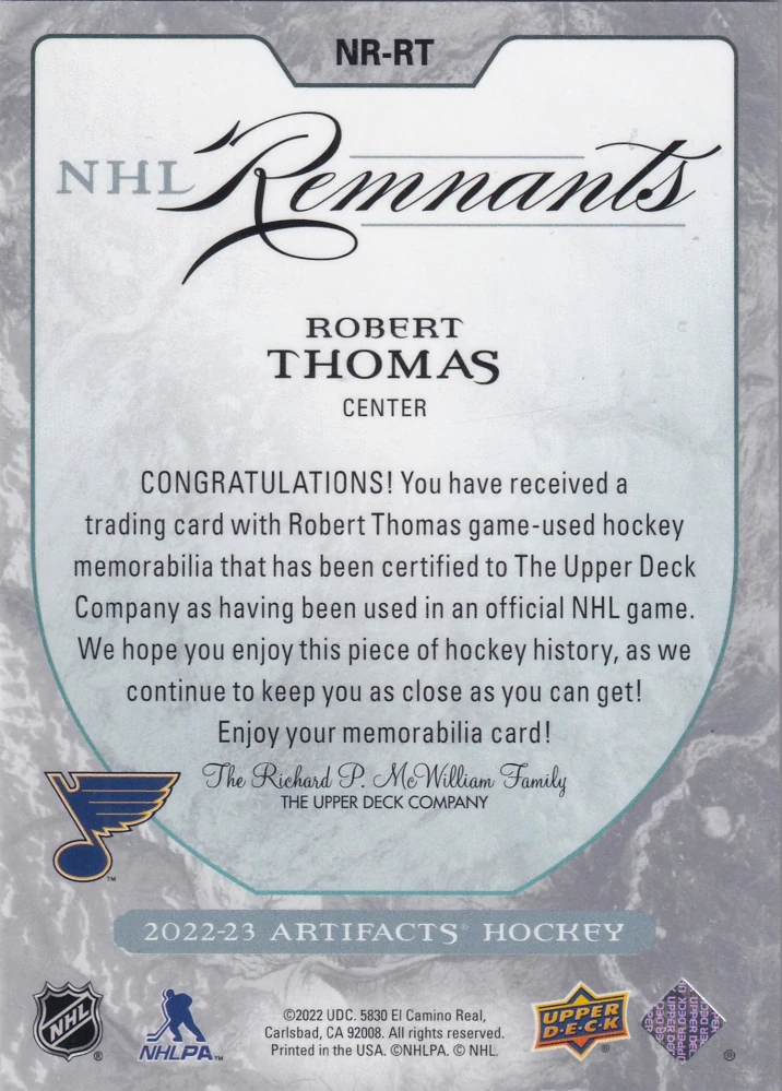 2022-23 UD Artifacts - Robert Thomas - NHL Remnants Jersey Relics #NR-RT