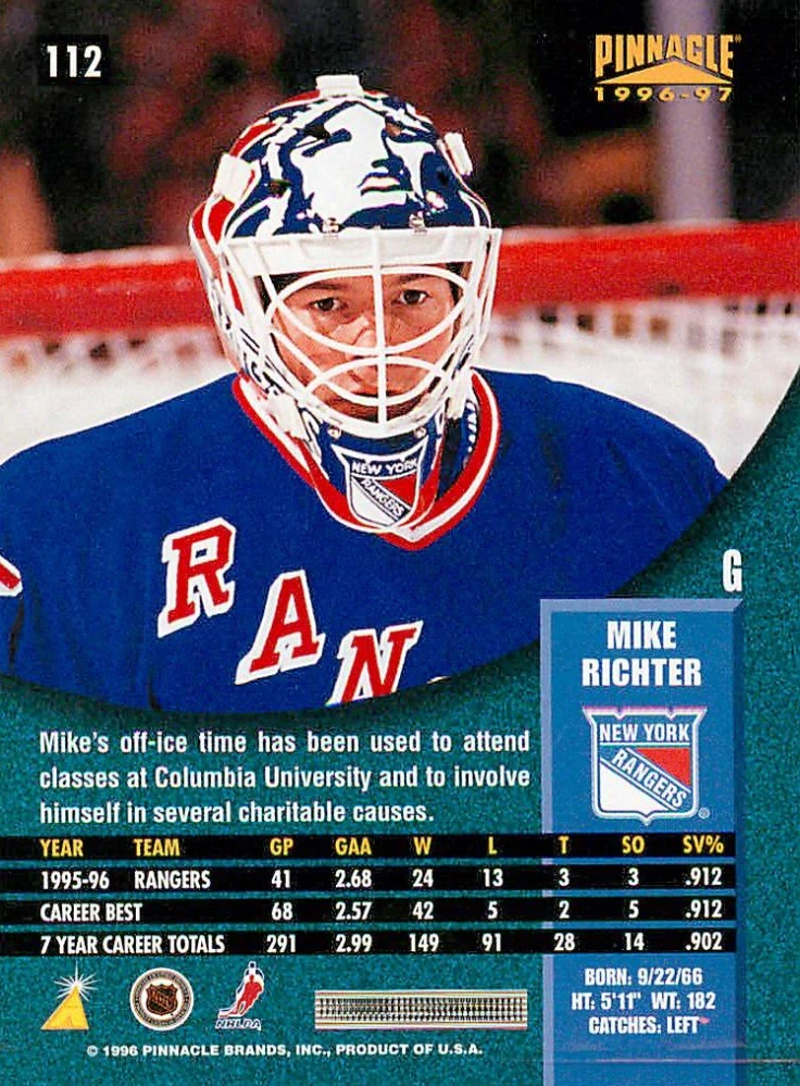 1996-97 Pinnacle - Mike Richter - Premium Stock #112