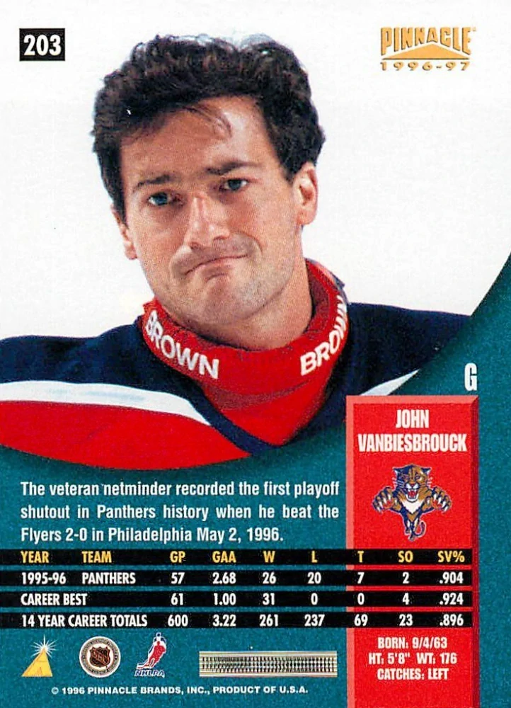 1996-97 Pinnacle - John Vanbiesbrouck - Premium Stock #203