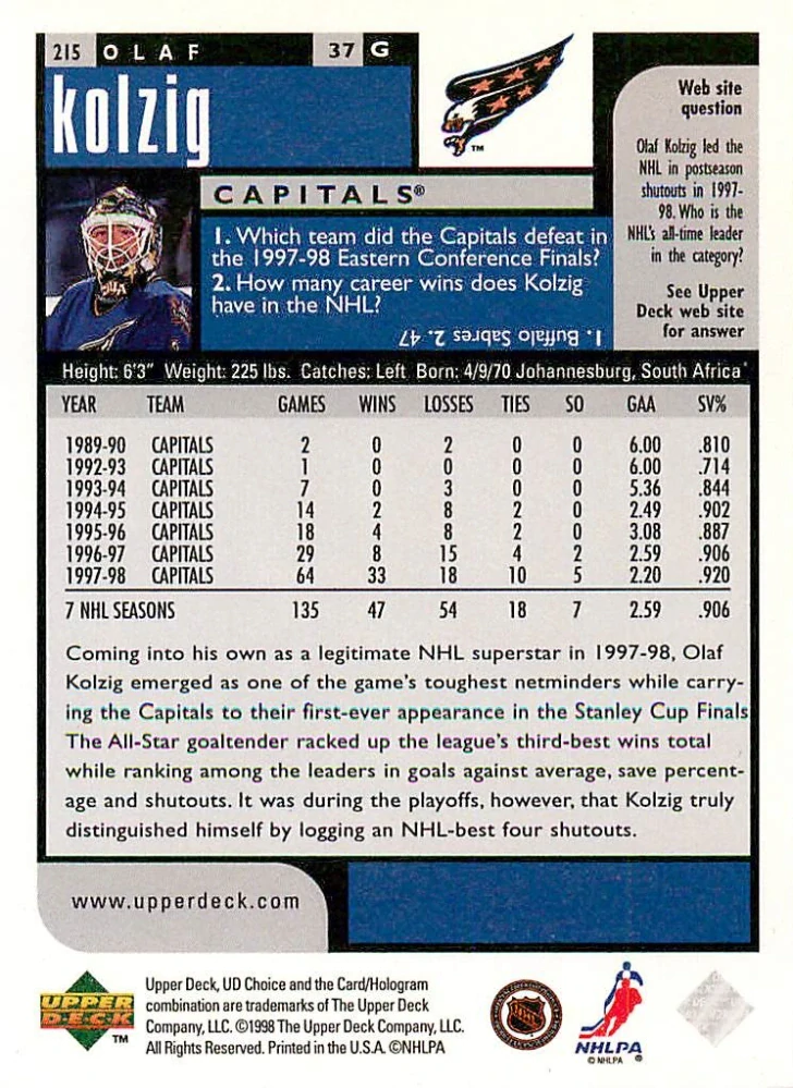 1998-99 UD Choice - Olaf Kolzig #215