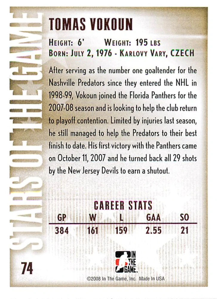 2007-08 ITG Between the Pipes - Tomáš Vokoun - Stars Of The Game #74