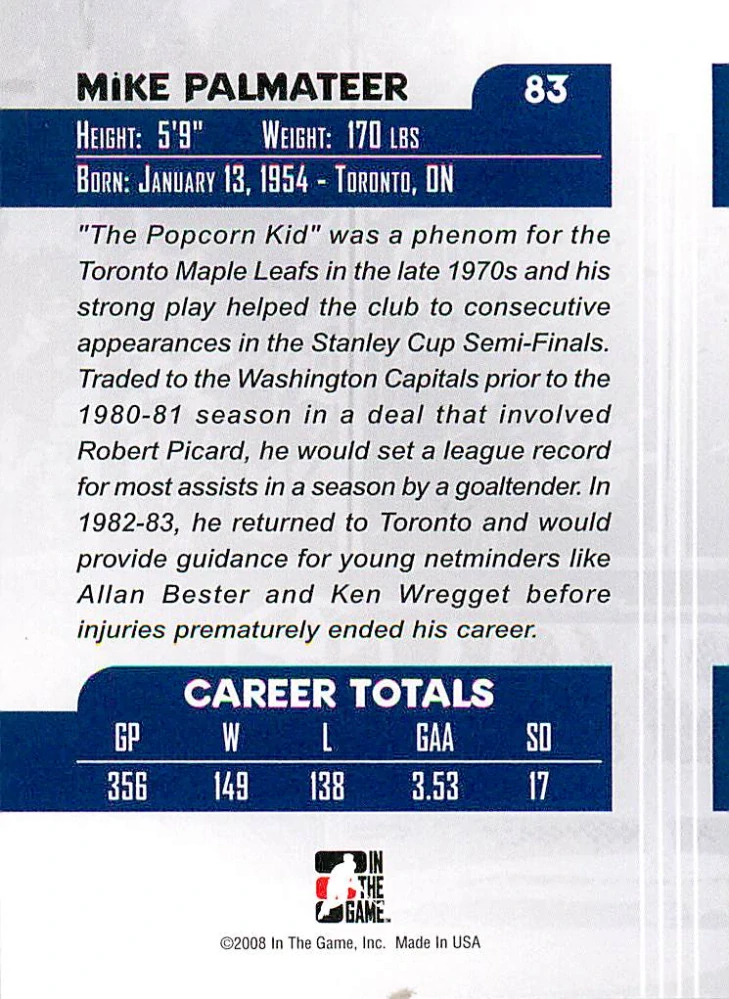 2007-08 ITG Between the Pipes - Mike Palmateer - Greats Of The Game #83